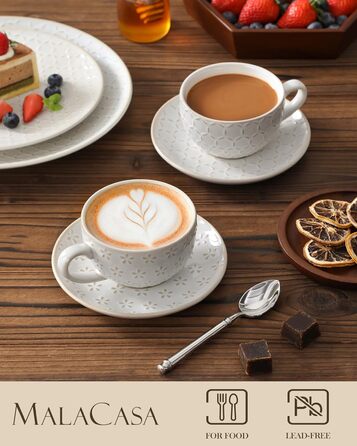 Набір посуду Malacasa LYDIA для 4 осіб (16 предметів): тарілки, чашки, чайний сервіз з рельєфом, бежевий