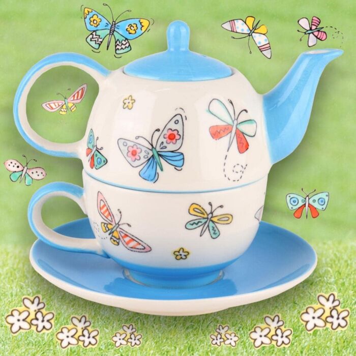 Керамічний чайний сервіз Mila Чайник для однієї літньої краси приблизно 400 мл з чашкою та під чашкою Чайний сервіз для однієї особи Метелик і весняні мотиви