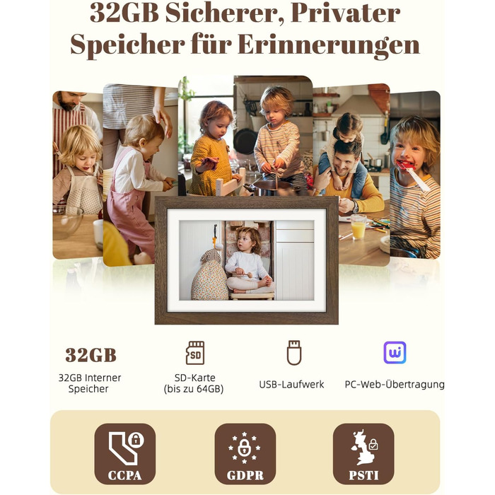 Цифровий фоторамка Eptusmey 10.1 дюймів з Wi-Fi, дерев'яний корпус з дуба, 32GB, HD IPS сенсорний екран 1280x800, відтворення фото/відео через Uhale APP, подарунок для чоловіків та жінок, колір A-Білий