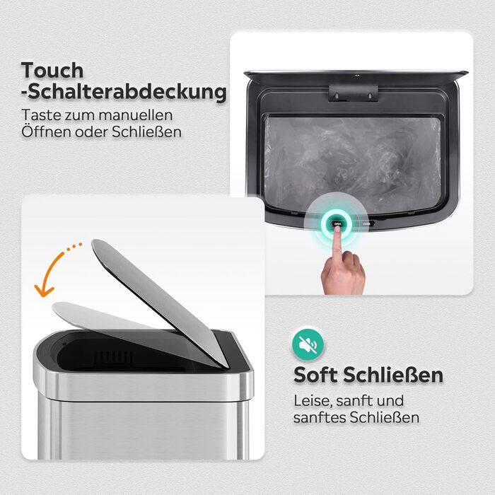 Електричний сміттєвий бак WLIVE 60L з сенсором, з нержавіючої сталі, автоматичний, з м'яким закриттям кришки, герметичний, гігієнічний для кухні та офісу