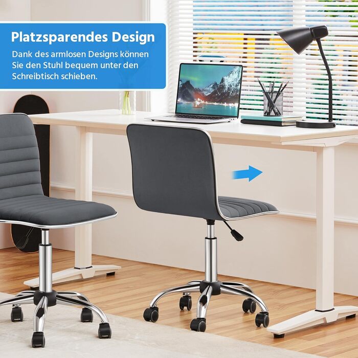 Офісне крісло Yaheetech без підлокітників, ергономічне, з регулюванням висоти, поворотне на 360°, з м'якою оббивкою з велюру, сірого кольору