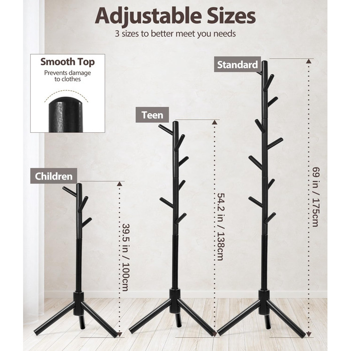 Підставка для одягу з бука, 9 гачків, 3 положення по висоті, для шапок, шарфів, сумок (білий/чорний)