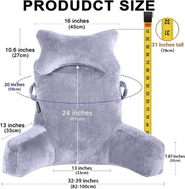 Велике крісло-мішок для читання з підголівником та підлокітниками, 78,7 см, сіре