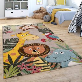 Домашній дитячий килим Paco, килим для дитячої кімнати, для хлопчиків і дівчаток, з сучасним малюнком тварин, джунглі, бежево-коричневий, зелений, Розмір 140x200 см