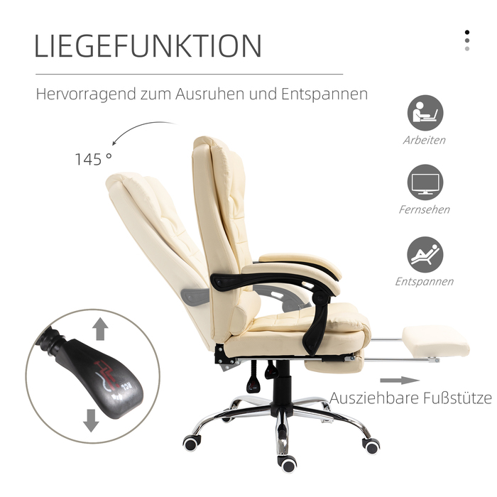 HOMCOM Office Chair with Footrest, Adjustable Backrest, Height Adjustable, Cream, Black, and Silver