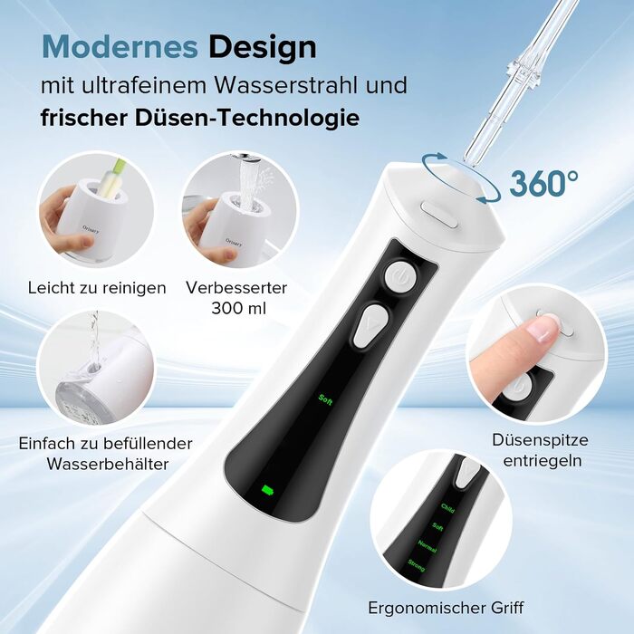 Електричний ірigator Munddusche з 5 режимами та 5 насадками, 300 мл резервуар, перезаряджуваний, для догляду за зубами, водонепроникний (IPX7)