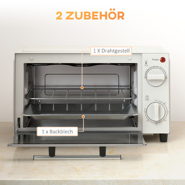 HOMCOM Міні-піч 9L Міні-піч із деко, решіткою для гриля, 100 °C-230 °C, з регульованою температурою та часом приготування, 60-хвилинний таймер, 750 Вт, нержавіюча сталь, кремово-білий | Aosom