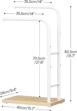 Підставка для рушників HOOBRO, стояча, з 2 перекладинами, білий + натуральне дерево, 40 x 24 x 80,5 см