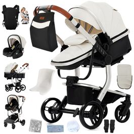 Дитяча коляска 3 в 1 Kinderwagen, 0-4 роки, компактна, складна, з автокріслом, аксесуари (біла)