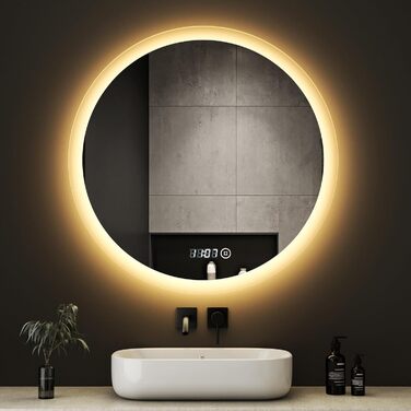 Круглий дзеркало для ванної кімнати Boromal з підсвічуванням, годинником та 3 кольорами світла (60см)