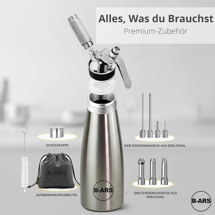 Дозатор для збитої вершкової пінки B-ARS з нержавіючої сталі 1л з аксесуарами: насадки для декорування, голка для інжекцій, щітка для чищення, сумка для зберігання та електронна книга з рецептами