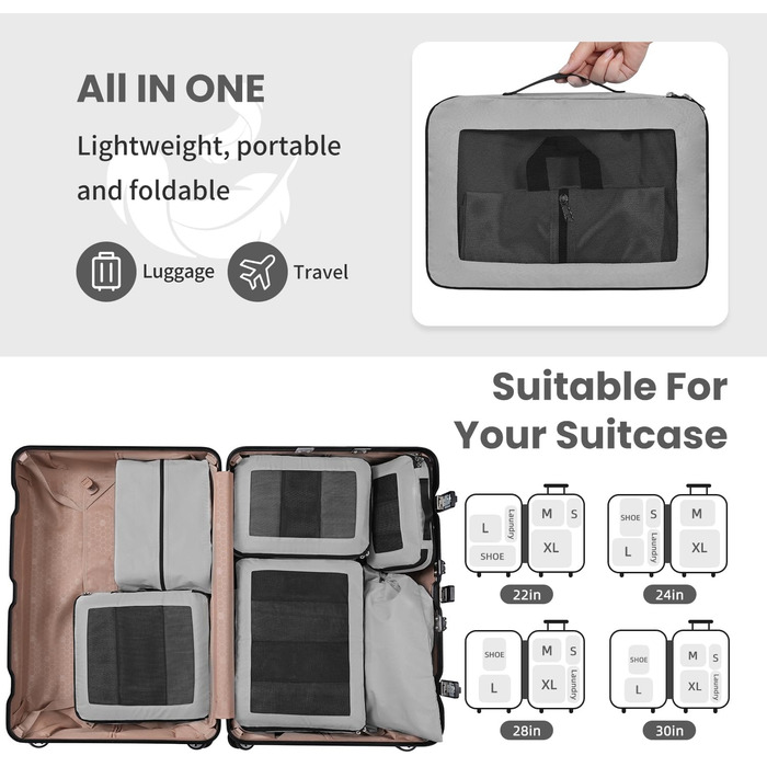 Набір компресійних органайзерів для подорожей з сіткою, розширювані пакувальні куби для одягу в валізу, сірі, 6 предметів