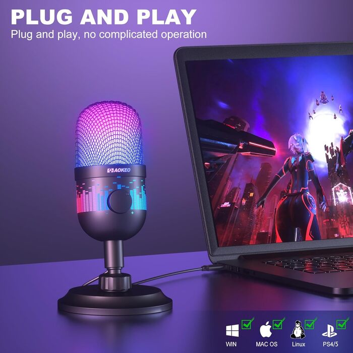 Мікрофон Aokeo для запису та стрімінгу: USB мікрофон для ПК, Mac, PS4/5, з LED-підсвічуванням