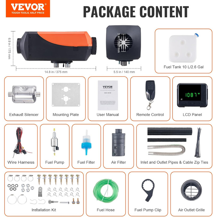 Електрична дизельна опалювальна установка VEVOR 12V 5-8kW з LCD-дисплеєм, пультом та Bluetooth-APP (базова модель, роздільна установка)