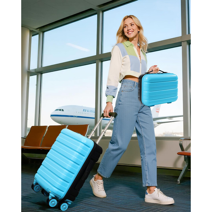 Чемодан ручної об'єм Lekebobor 2 шт. 45x36x20 см (EasyJet) з TSA-замком та колесами, блакитний. Набір валіз, дорожній набір, валіза-ролер.