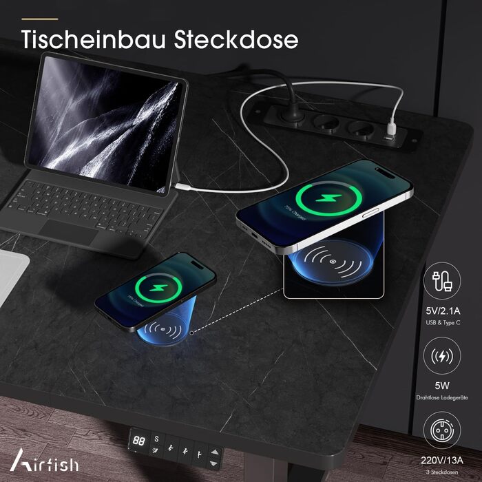 Електричний регульований стіл Airfish 140x70 см з бездроговою зарядкою, пам'ятью та нагадуванням про відпочинок, білий. Також доступний розмір 180x80 см, чорний