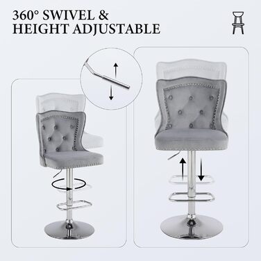 Набір з 2 барних стільців Samt - сучасні стільці для бару з високою спинкою, оббивка велюром, регульована висота, сірий