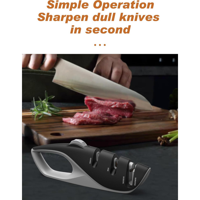 Професійний ручний точило для ножів з 5 кутами, дизайн UK, 3-ступеневе точіння роликами, для кухонних, хвилястих, хлібних, кишенькових та мисливських ножів, ножиць, чорний колір, 26 см