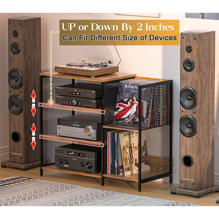 Підставка для програвача вінілу з місцем для зберігання платівок, до 200+ альбомів, медіа шафа, консольний столик, стійка для стерео, тумба, AV-стійка. Колір: русявий, розмір: великий