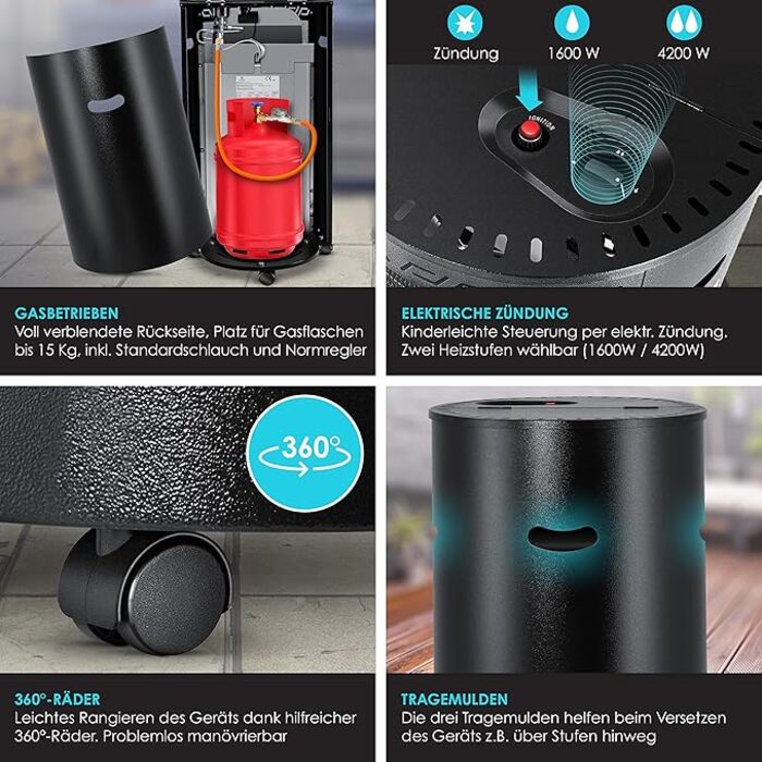 Газовий обігрівач KESSER 4200 Вт, керамічний інфрачервоний, з редуктором і шлангом, для бутану/пропану, з чохлом, чорний(Газовий балон не входить у комплект)