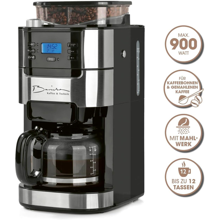 Кавомашина Barista Filterkaffeemaschine з регульованим млинком та скляною колбою | Функція підігріву, таймер 24 год та постійний фільтр | Для 10 чашок кави | Кавомашина для зерен та меленої кави [Нержавіюча сталь] 6) Нержавіюча сталь - скляна колба - з мл