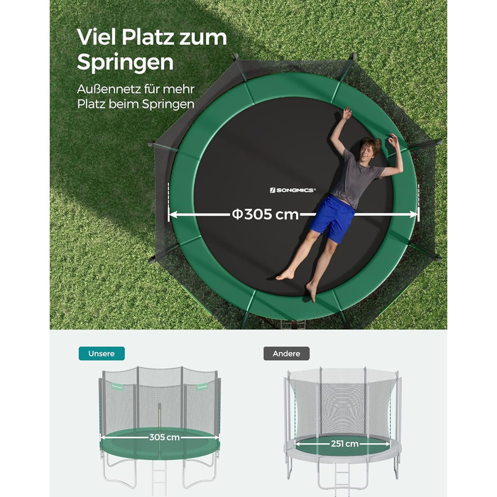 Батут SONGMICS садовий Ø305 см з захисною сіткою, драбиною та м'якими стійками, зелений