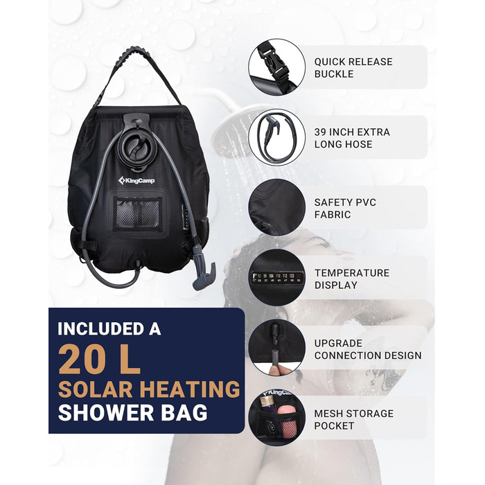 Намет для душу KingCamp великого розміру для кемпінгу, роздягальня, портативний укриття, душ, приватність, одно-/двомісний, 200 x 105 x 203 см, чорний/сірий