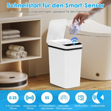 Набір з 2 електричних сміттєвих баків Dreamhigh® 12L з датчиком, автоматичним відкриванням, 3 режимами відкривання, тихим мотором та вологостійким корпусом для кухні, ванної кімнати, офісу, вітальні (білий)