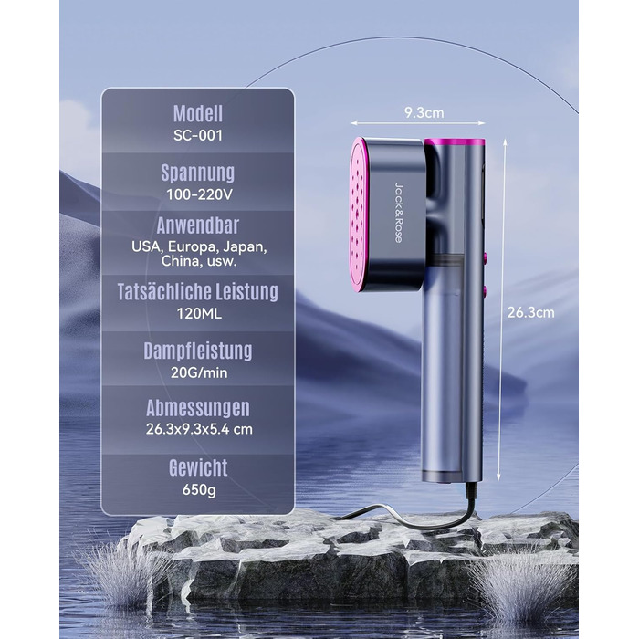 Парoгенератор для одягу Jack & Rose, 110-240V, 1000W, портативний, 2-в-1, для подорожей, сірий