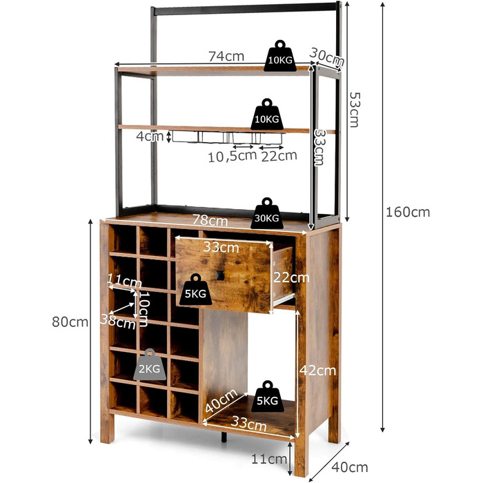 Кухонна шафа COSTWAY 160 см, буфетна шафа з винною стійкою, ящик, тримач для винних келихів, 4 яруси, промисловий