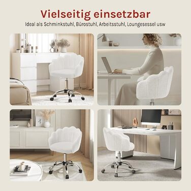 Крісло WOLTU для офісу та дому, крісло до туалетного столика з м'якою спинкою у вигляді пелюсток, поворотне з колесами, регульоване по висоті, для робочого кабінету, спальні, (кремово-білий, кашеміровий матеріал)