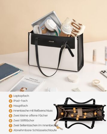 LOVEVOOK Сумка для ноутбука, жіноча велика водонепроникна сумка-шоппер з PU шкіри, для роботи, навчання, 15.6 дюймів (Чорний+бежевий)