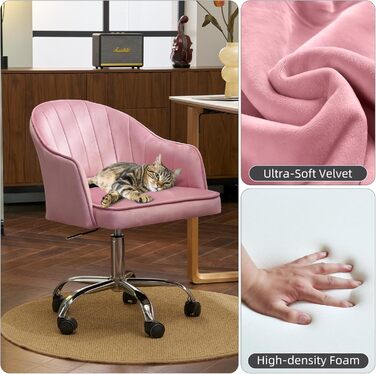 Крісло для офісу Fiximaster Homeoffice, крісло для робочого столу, обертове, регульоване по висоті, з велюру, ергономічне, для робочого кабінету/спальні, до 113 кг, рожеве