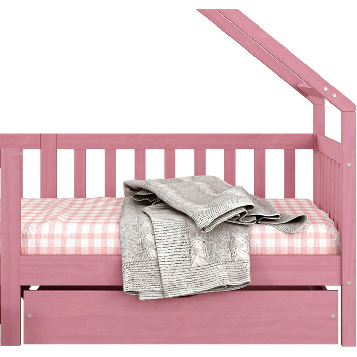 Ліжко-будиночок IDIMEX ALVA Монтессорі з масиву сосни, дитяче ліжечко з дахом, вігвам-ліжко з шухлядами (рожевий)