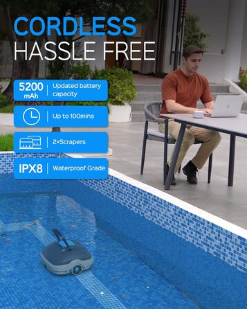 Робот для басейну акумуляторний бездротовий, Poolsauger Roboter з подвійним двигуном, автоматичне паркування, для плоских басейнів до 80 м², 100 хв роботи, подвійна фільтрація, темно-сірий