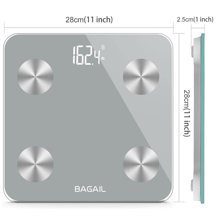 Цифрові ваги для ванної кімнати BAGAIL з високоточними датчиками та загартованим склом, ультратонкий дизайн, дисплей ваги (кг/фунт/камінь) 15 років гарантії (S-Grey)
