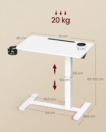 Столик приставний VASAGLE на колесах, мобільний, 70x40 см, регульована висота, 2 тримачі для напоїв, слот для телефону/планшету, білий (LSD600W01)