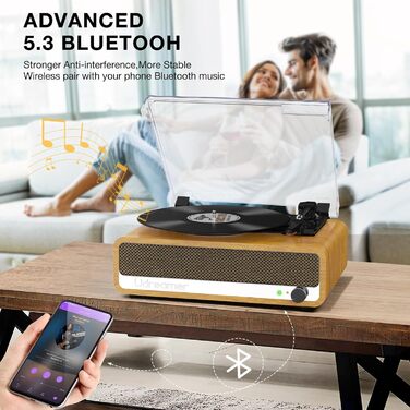Вініловий програвач Udreamer з Bluetooth, динаміками, USB, AUX, RCA, навушниками, 3 швидкості, ремінний привід, дзеркальний дизайн, золотий, вінтажний стиль