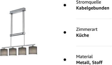 Освітлення сучасний підвісний світильник Marita 4-полум'я нікель матовий метал, тканинний абажур сірий, регулюється по висоті, без 4 x E14 макс. 28 Вт, висота 95-150 см, ширина 77 см Підвісний світильник сірий