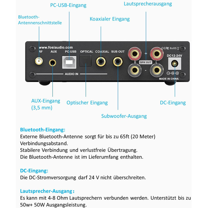 Підсилювач ЦАП Fosi Audio DA2120A HiFi, 2.1CH aptX-HD Bluetooth 5.0, 100 Вт Class-D, в т.ч. пульт дистанційного керування