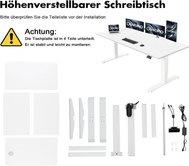 Електричний стіл Devoko з регулюванням висоти, стійкий, з пам'яттю, ергономічний, для стояння та сидіння (білий), 180 x 80 см