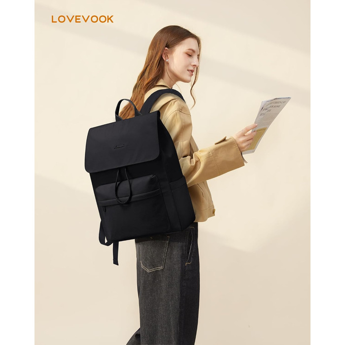 Сумка-рюкзак LOVEVOOK для жінок, легкий шкільний рюкзак для підлітків з відділенням для ноутбука 15.6 дюймів, чорний M-15,6