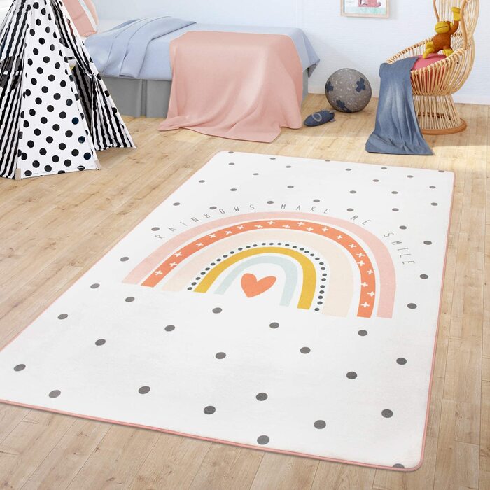 ТТ домашній килим Дитяча кімната дитячий килимок дитячий килимок Райдужний мотив з сердечком дизайн, Колір Розмір (155x230 см, кремовий)