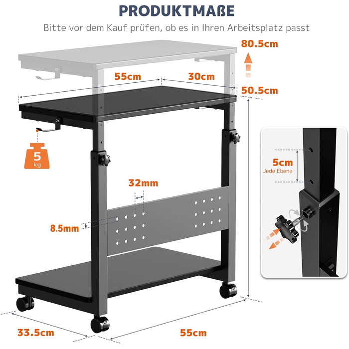 Підставка для ПК з регулюванням висоти PUTORSEN, 2 рівні, з роликами та підкладкою для миші, чорний Full-Tower (до 40 кг/рівень)