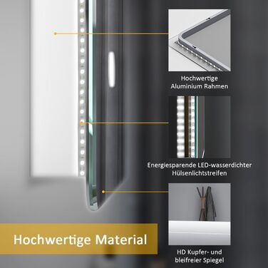 LED дзеркало для ванної кімнати 40x60 см з підсвічуванням, холодне біле світло 6500K, прямокутне, для монтажу на стіну