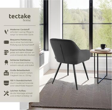 Тектейк® 4x зручний стілець для їдальні з підлокітниками, оббитий, крісло-пуф, lounge стілець для вітальні, їдальні, сучасні кухонні стільці, офісний стілець - (набір 2 шт, антрацит/чорний)
