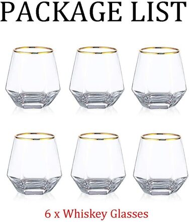 Набір алмазних склянок для віскі, келих для віскі з нахилом, 300 мл, сучасний вигляд для чоловіків, жінок, тата, чоловіка, друзів, скляний посуд для бурбона/ рома/склянки для бару (прозора золота оправа, 6)