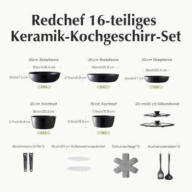 Набір посуду Redchef 16 предметів: антипригарна кераміка, знімні ручки, сковорідки 20/26 см, глибока сковорідка 26 см, каструлі 18/20 см, підходить для всіх плит, духовки, зелений