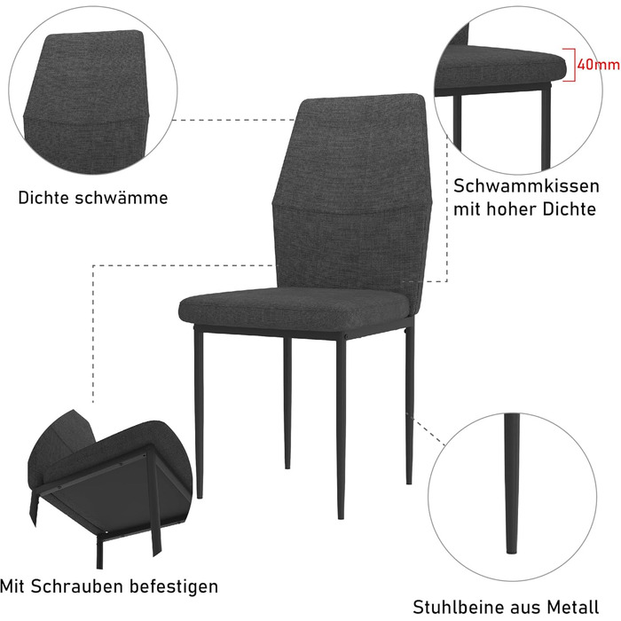 Стілець для обідньої кімнати GOLDFAN (4 шт.) з тканини льон, сірий (чорний), сучасний дизайн, з металевими ніжками