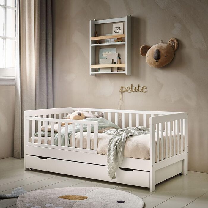 Дитяче ліжко Petite Amlie 70x140 із захистом від падіння - Високоякісне дитяче ліжко Просіювач і закріплення Міцна конструкція Позачасовий дизайн - Білий